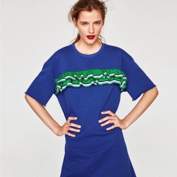 NWT Zara Trafaluc Royal Blue Oversized Sporty Top with Kelly Green Ruffle Sz S - Picture 4 of 7